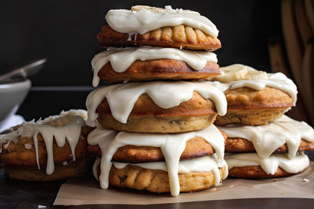 stack of moist and fluffy banana cakes, drizzled with creamy frosting, created with generative aiの素材