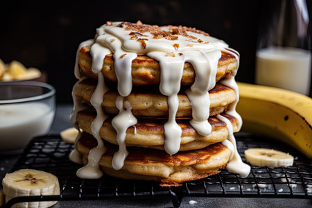 stack of banana cakes, each one drizzled with creamy frosting, created with generative aiの素材