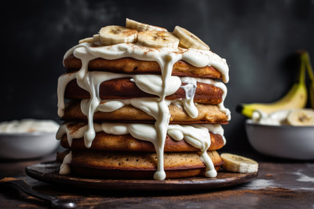 stack of banana cakes, each one drizzled with creamy frosting, created with generative aiの素材