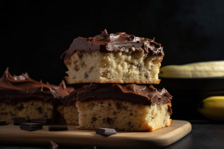 pile of banana cake slices, drenched in rich and creamy chocolate frosting, created with generative aiの素材