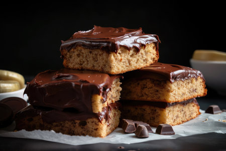 pile of banana cake slices, drenched in rich and creamy chocolate frosting, created with generative aiの素材