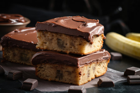 pile of banana cake slices, drenched in rich and creamy chocolate frosting, created with generative aiの素材