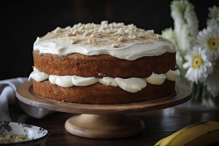 banana cake, with a layer of cream cheese frosting and sprinkling of coarse sugar, created with generative aiの素材