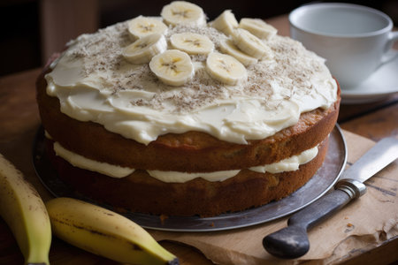 banana cake, with a layer of cream cheese frosting and sprinkling of coarse sugar, created with generative aiの素材
