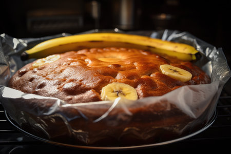 banan cake baking in the oven, with the sweet and fruity smell filling the kitchen, created with generative aiの素材