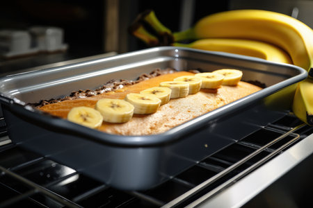 banan cake baking in the oven, with the sweet and fruity smell filling the kitchen, created with generative aiの素材