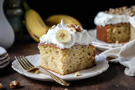 slice of banana cake, topped with creamy and fresh whipped cream, created with generative aiの素材