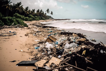 beaches covered in trash and debris caused by harmful waste pollution, created with generative aiの素材