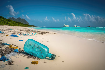 beach littered with plastic bottles and other waste, with clear blue water in the background, created with generative aiの素材