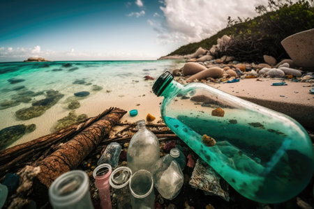 beach littered with plastic bottles and other waste, with clear blue water in the background, created with generative aiの素材