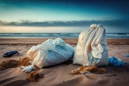 plastic trash bags washed ashore on tranquil beach, created with generative aiの素材