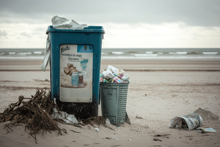 beach with overflowing trash can and fly- food wrappers visible in the frame, created with generative aiの素材
