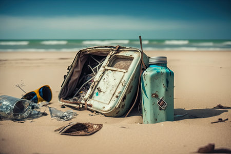 beach with dangerous trash, including broken glass and sharp metal objects, created with generative aiの素材