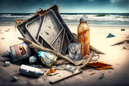 beach with dangerous trash, including broken glass and sharp metal objects, created with generative aiの素材