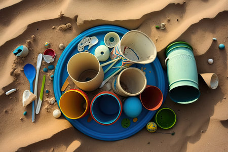 beach with waste from tourist hotels and restaurants, cups, plates and plastic cutlery strewn across the sand, created with generative aiの素材