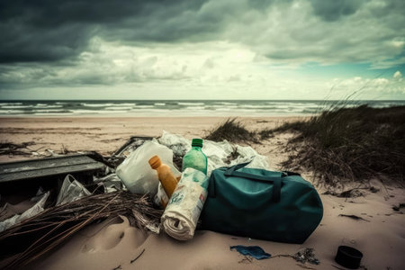 beach with abundant litter, including broken bottles, plastic bags and trash of all kinds, created with generative aiの素材