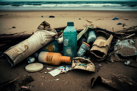 beach with abundant litter, including broken bottles, plastic bags and trash of all kinds, created with generative aiの素材