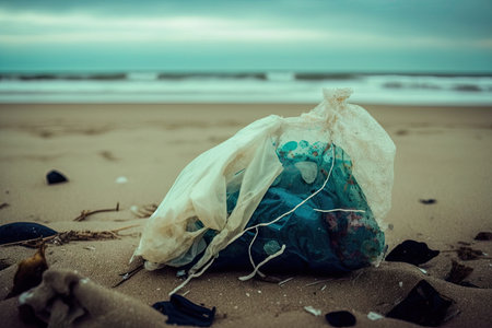beach with broken glass, plastic bags and other harmful materials, created with generative aiの素材