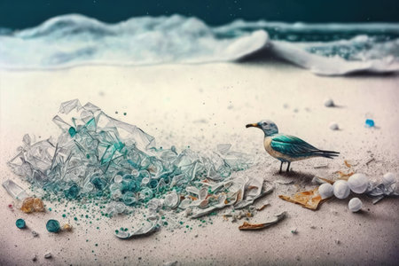 beach with broken glass, plastic bags and other harmful materials, created with generative aiの素材