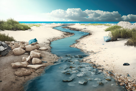 beach with stream of water flowing through it, cleaning up and removing harmful waste, created with generative aiの素材