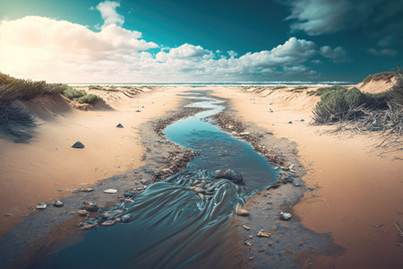 beach with stream of water flowing through it, cleaning up and removing harmful waste, created with generative aiの素材