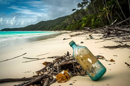 beaches polluted with bottles, cans and plastic waste, created with generative aiの素材