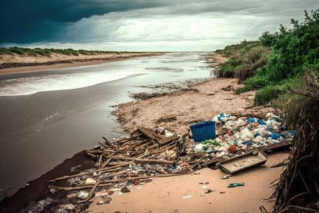 beaches with trash, debris, and hazardous waste washed ashore from the nearby river, created with generative aiの素材