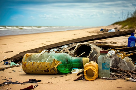 beach with trash and debris washed ashore, including broken bottles, cans, and plastics, created with generative aiの素材