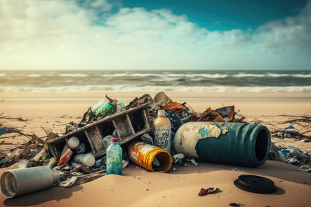 beach with trash and debris washed ashore, including broken bottles, cans, and plastics, created with generative aiの素材