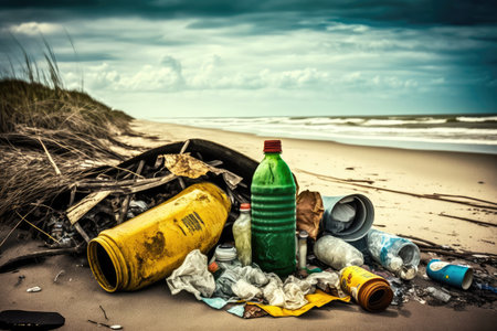 beach with trash and debris washed ashore, including broken bottles, cans, and plastics, created with generative aiの素材