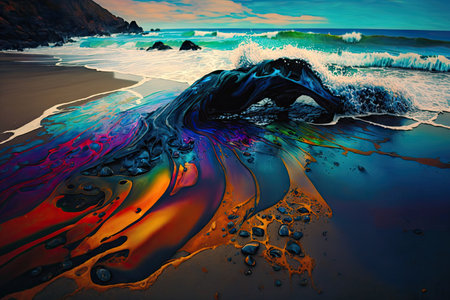 large and vibrant oil spill on the beach, with the waves rolling in, created with generative aiの素材