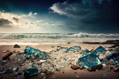beach filled with broken glass and other hazardous waste after hurricane, created with generative aiの素材