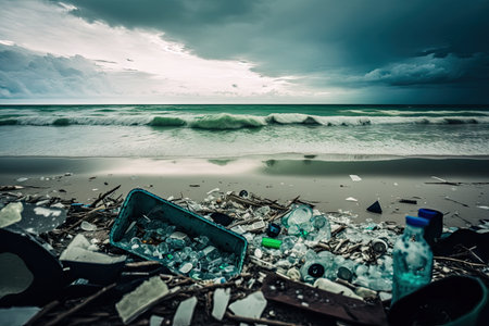 beach filled with broken glass and other hazardous waste after hurricane, created with generative aiの素材