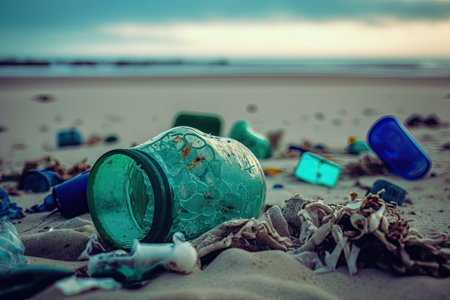 close-up of plastic bottles and other garbage littering the beach, created with generative aiの素材
