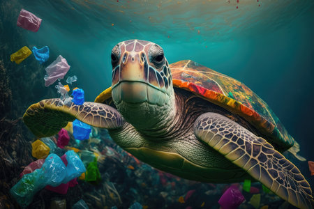 sea turtle swimming among colorful waste plastic and bags, created with generative aiの素材
