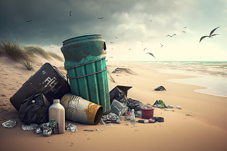 polluted beach with overflowing trash cans, bottles, and other waste, created with generative aiの素材