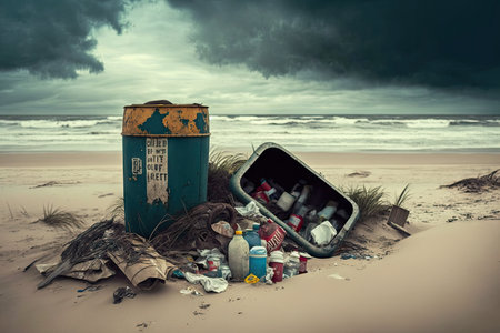 polluted beach with overflowing trash cans, bottles, and other waste, created with generative aiの素材