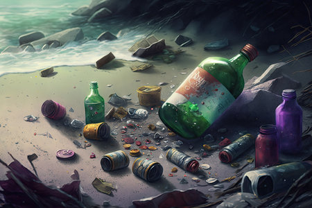 beache surrounded by litter and broken bottles of hazardous substances, created with generative aiの素材