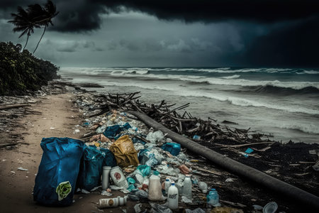 a beach with overflowing plastic trash and food wrappers, harmful to wildlife and the eco system, created with generative aiの素材