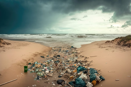 a beach with overflowing plastic trash and food wrappers, harmful to wildlife and the eco system, created with generative aiの素材