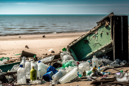 beach with pile of broken glass and plastic waste, harmful to the environment, created with generative aiの素材