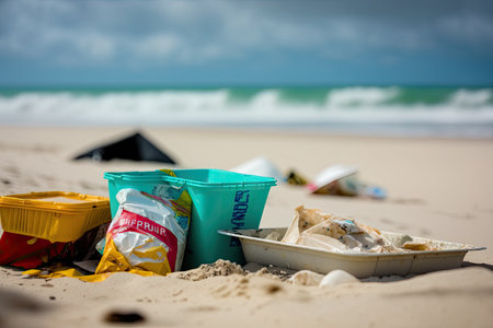beach with plastic containers, food wrappers and other waste visible on the sand, created with generative aiの素材