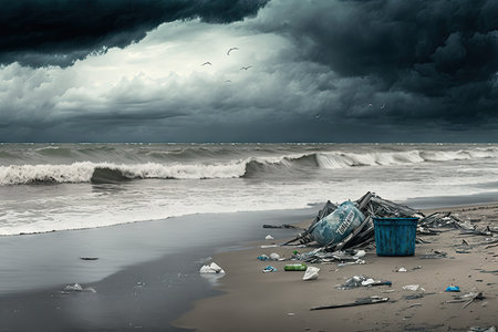 beach with floating trash and debris from storm, on a gray day, created with generative aiの素材