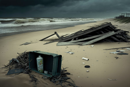 beach with floating trash and debris from storm, on a gray day, created with generative aiの素材
