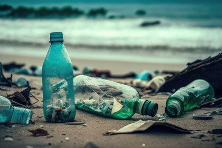 beach littered with broken bottles and other harmful waste, including plastics, created with generative aiの素材