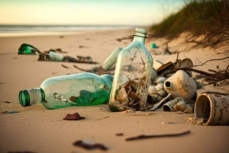 beach littered with broken bottles and other harmful waste, including plastics, created with generative aiの素材