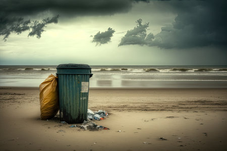 beach with overflowing trash bin and overflowing garbage bag, created with generative aiの素材