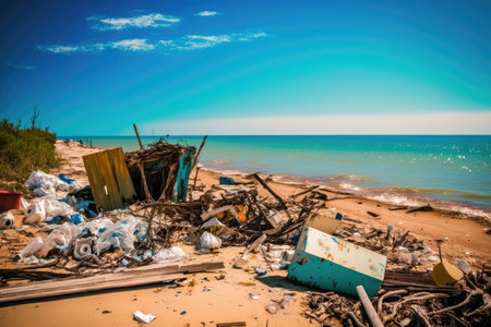 beach with debris and garbage in the water, against a clear blue sky, created with generative aiの素材