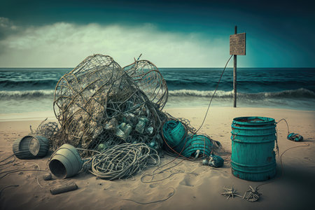 beach with piles of discarded fishing gear, nets, and traps on the sand, created with generative aiの素材