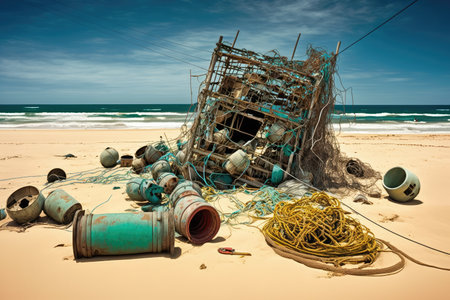 beach with piles of discarded fishing gear, nets, and traps on the sand, created with generative aiの素材